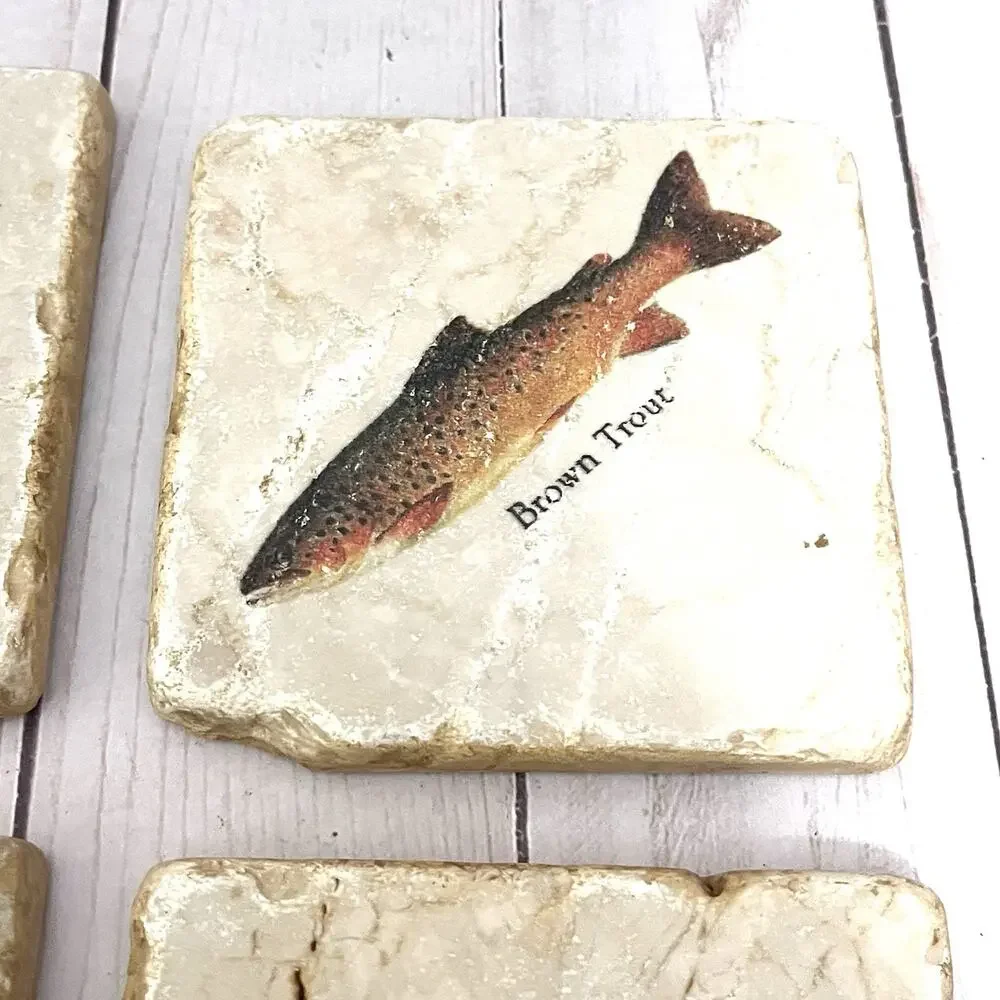Studio Vertu Stone Coaster Set 4 Fish Salmon Trout Travertine Rustic Lodge Decor